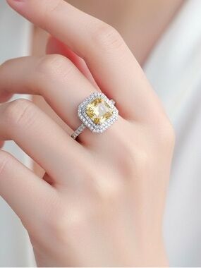 ✨14K White Gold Plated Cushion Cut Yellow Citrine Style Double Halo Ring ✨